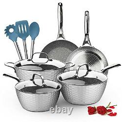 11 Piece Saucepan Set Cookware Pan Grey Non Stick Hammered Marble Cooking New