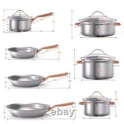 11 Pieces Stainless Steel Cookware Set Glass Lid Handles Silver Rose Gold