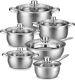 12 Pcs Induction Hob Stainless Steel Casserole Pot Saucepan Cookware Dining Set