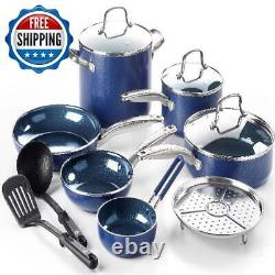 12-Piece Ceramic Nonstick Cookware Set Lid Pans & Pots Home Kitchen Cooking Blue