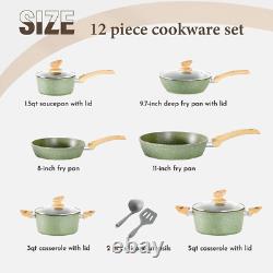 12 Piece Hammered Cookware Set Nonstick Granite Coated Pots and Pans Set Green