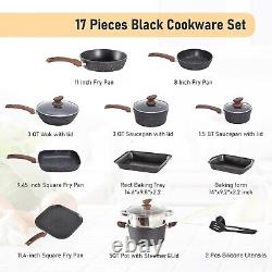 17 Piece Cookware Set Nonstick Kitchen Cooking Pots Black Granite Pots and Pans