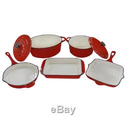 7 Pieces Red Enamel Cast Iron Cooking Set Pots And Pans For Camping Or Home