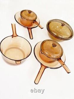 9 Piece Set Of Visions Corning Ware Clear Amber Glass Cookware Pots And Pans