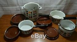 9 Piece Vintage Enamel Cookware Steamer Pot 70s Design Brown yellow flowers set