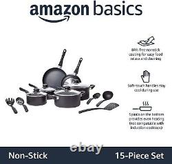 Amazon Basics 15-Piece Non-Stick Cookware Set, Black