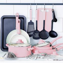 Cookware Set Ceramic Nonstick 18-Piece Pink Fry Pan Casserole Utensils