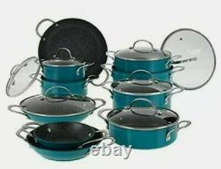 Curtis Stone 17-piece Dura-Pan Nonstick Nesting Pan Cookware Set-Turquoise Teal
