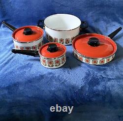 Enamel Pots Pans 7 Piece Set Orange Green Vtg Mid Century Retro 70s