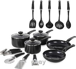 Equip 14 Piece Cookware Set (3 Pots+ 2 Saucepans + 9 Utensils), Black, Aluminium