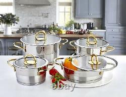Evimsaray Elit Series 8-piece Stainless Steel Cookware Set (Gold Handles)