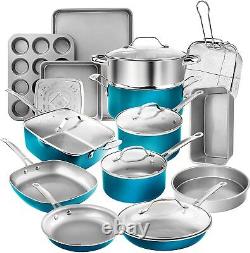 Gotham Steel Aqua Blue 20 Piece Pots & Pans Set, Nonstick Ceramic Cookware
