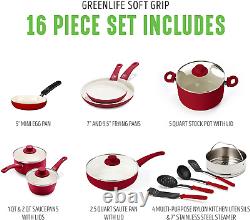 GreenLife Soft Grip Non-Stick 16 Piece Cookware Set, PFAS Free, Red