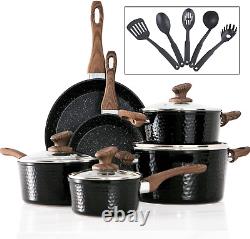 Induction Kitchen Cookware Sets 15 Piece Hammered Granite Cooking Pans Set and
