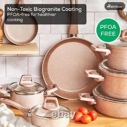 Karaca 12-Piece Rosegold Granite Cookware Set Non-Stick Pots Pans Glass Lids