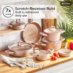 Karaca 12-Piece Rosegold Granite Cookware Set Non-Stick Pots Pans Glass Lids