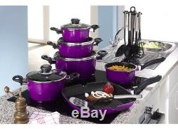 Karl Kruger 17 Piece Aluminum Non Stick Cookware Set Pans, Utensils Purple