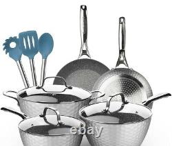 LovoIn 11-Piece Non-Stick Pot & Pan Cookware Set, Set, Hammered Marble Grey