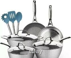 LovoIn 11-Piece Non-Stick Pot & Pan Cookware Set, Set, Hammered Marble (Grey)
