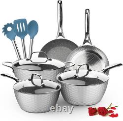 LovoIn 5 Piece Non-Stick Cookware Set, Pot & Pan Set, Hammered 11 Piece, Gray