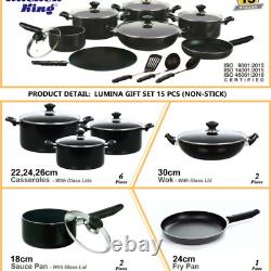 Lumina 15-Piece Non-Stick Cookware & Kitchen Accessories Set Sauce Pan, and Woks
