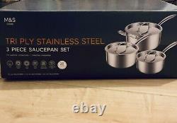 M&S 6 Piece Tri-Ply Stainless Steel Saucepan Cookware Set with Lids Free Postage