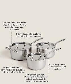 M&S 6 Piece Tri-Ply Stainless Steel Saucepan Cookware Set with Lids Free Postage