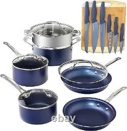 NEW Granitestone 17 Piece Nonstick Cookware Set with 6 pc Knives & Cutting Board