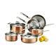 New Lagostina Martellata Hammered Copper Tri-ply Bonded Ss 10 Piece Cookware Set