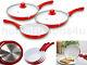 New 5 Piece Ceramic Coated Frying Pan Set Red White Non Stick Pyrex Glass Lid