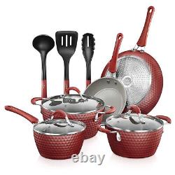 NutriChef 11 Piece Nonstick Ceramic Cooking Kitchen Cookware Pots & Pan Set, Red