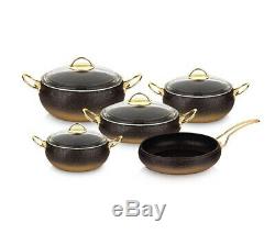 OMS Granite Copper 9 Piece Cookware Ball Shape Set Glass Lids Casserole Pan Pot
