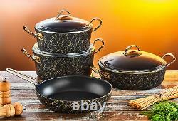 O. M. S 9 Piece Casserole Pan Pot AVANGARDE GRANITE Cookware Set Glass Lids 3037