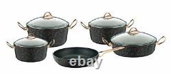 O. M. S 9 Piece Casserole Pan Pot AVANGARDE GRANITE Cookware Set Glass Lids 3037