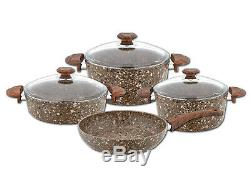 O. M. S. Cookstone 7 Piece Stone Cookware Set Casserole Pan Frying Pan Brown 3028