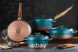 O. M. S Granite Cookware Set Turquoise Glass Lid Casserole Pan Pot 7 Piece 3049
