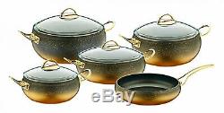 O. M. S. Granite Copper 9 Piece Cookware Set Glass Lids Casserole Dish Fry Pan Pot