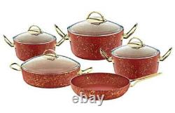 O. M. S Red GRANITE 3153 Cookware Set Glass Lids Casserole Pan Pot Frypan 9 Piece