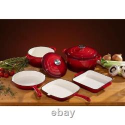 Red Cast Iron 5 Piece Pans Set Frying Casserole Griddle Dishes Cookware