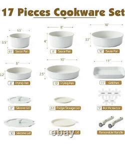 Sensarte 17 Piece Non Stick Detachable Handle Cookware Oven Safe PFOA Free White