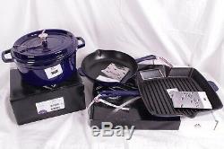 Staub Cast-Iron 4-piece cookware set Dutch oven, fry & grill pan, sapphire blue