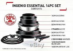 Tefal 14 Piece INGENIO Essential Non-stick Saucepan Frypan Cookware Set, Black