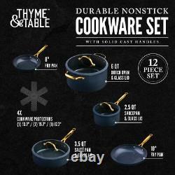 Thyme & Table, 12-Piece Non Stick Cookware Pots And Pans Set, Blue with lids