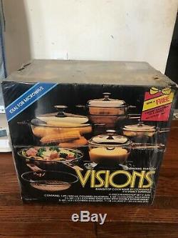 Vintage 11 Piece Amber Corning/Pyrex Visions Cookware V-500 Set with Box Rare