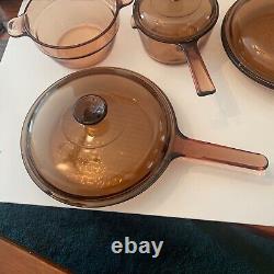 Vintage Corning Vision Ware Amber Glass Pyrex 7 Piece Cookware Set w Lids Waffle