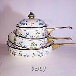 Vintage Flower Country Cookware Enamel Pot Lid Pan Brass Handles 6 Piece Set TL