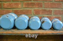 Vintage French Blue Enamelware Canister Set Five Pieces with Lids
