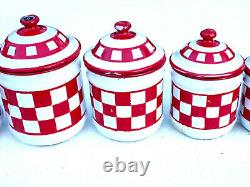 Vintage French Enamelware CANISTER SET 6 Pieces Red Enamel kitchen Lustucru