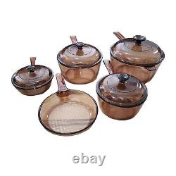 Vintage Pyrex Visions Amber Glass 9 Piece Cookware Pot Set with Lids Corning Ware