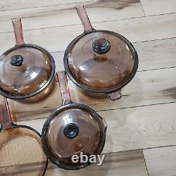 Vintage Pyrex Visions Amber Glass 9 Piece Cookware Pot Set with Lids Corning Ware